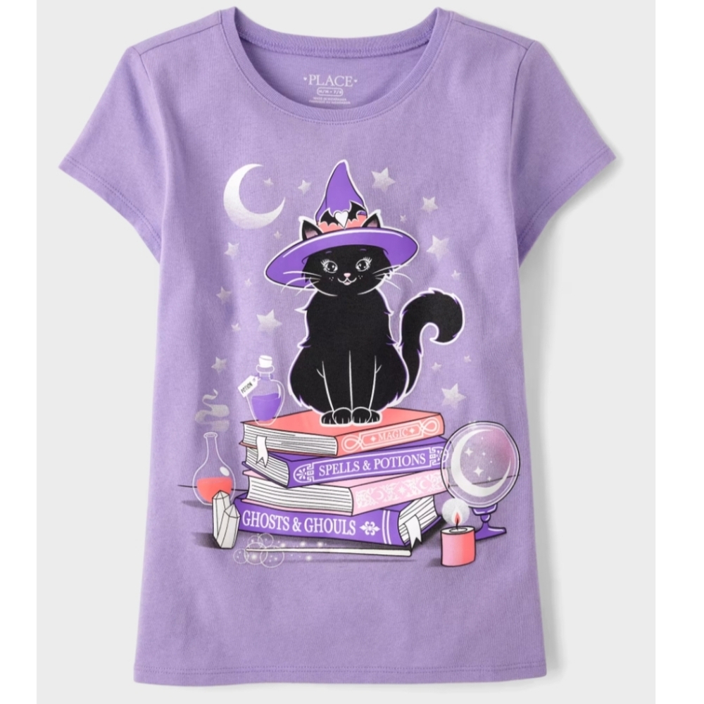 Girls Glow In The Dark Black Cat Witch Graphic Tee Size XL